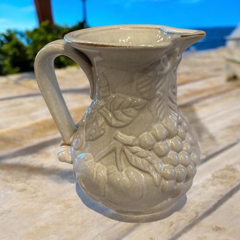 Off-White Crackle Ceramic Water Pitcher Fruit Leaf & Floral 3D Pattern 9.5 in